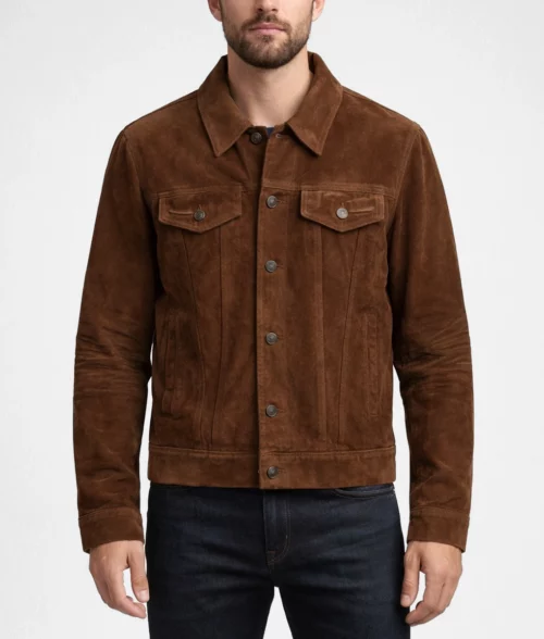 Bill Men's Dark Brown Trucker Utility Western Suede Jacket - Front