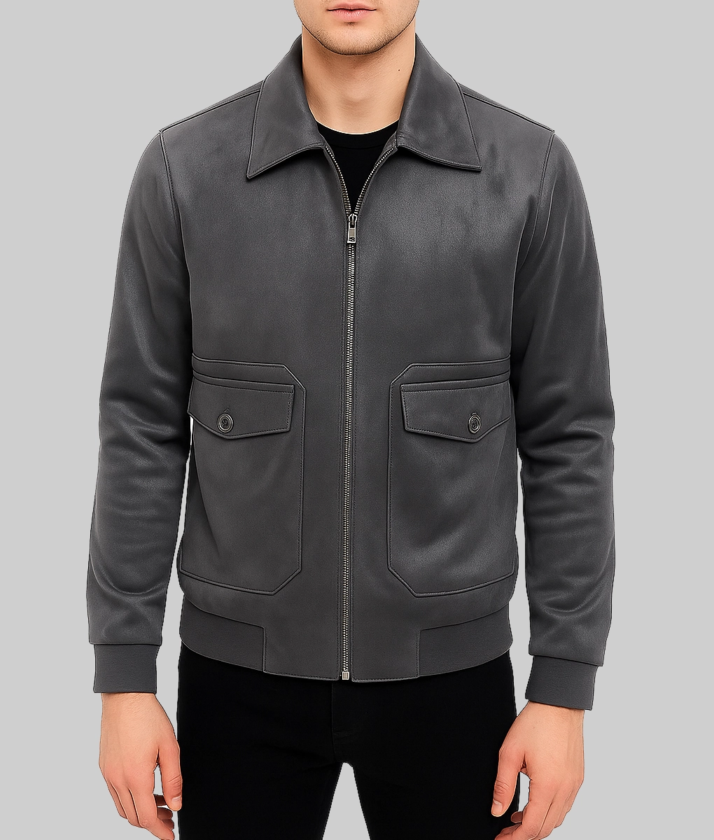 Boston Men's Gray Long Sleeve Fitted Real Suede Jacket