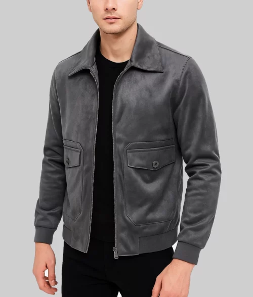 Boston Men's Gray Fitted Real Suede Field Jacket-Front View1