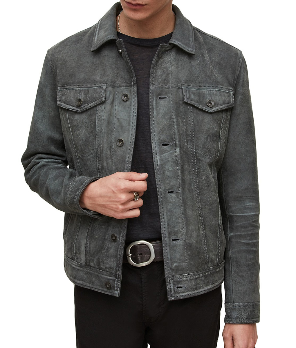 Caleb Men's Grey Trucker Style Moto Suede Jacket
