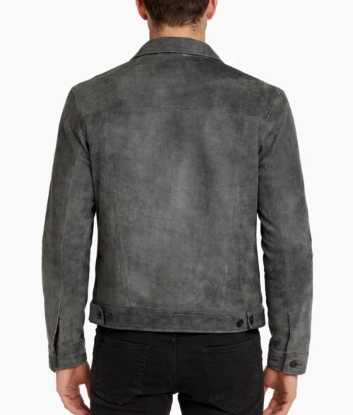 Caleb Men's Grey Trucker Style Moto Suede Jacket - Back