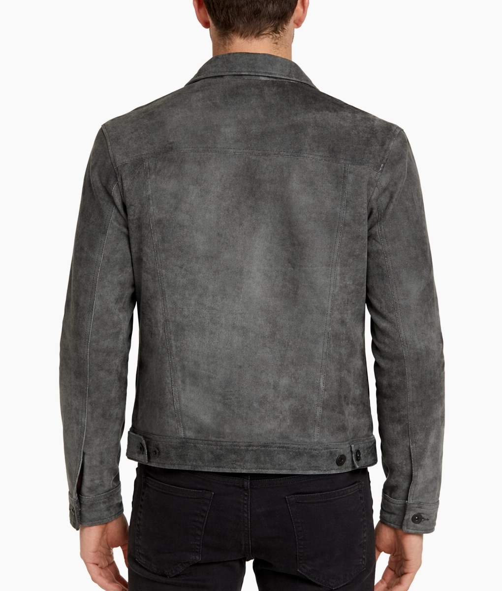 Caleb Men's Grey Trucker Style Moto Suede Jacket - Back