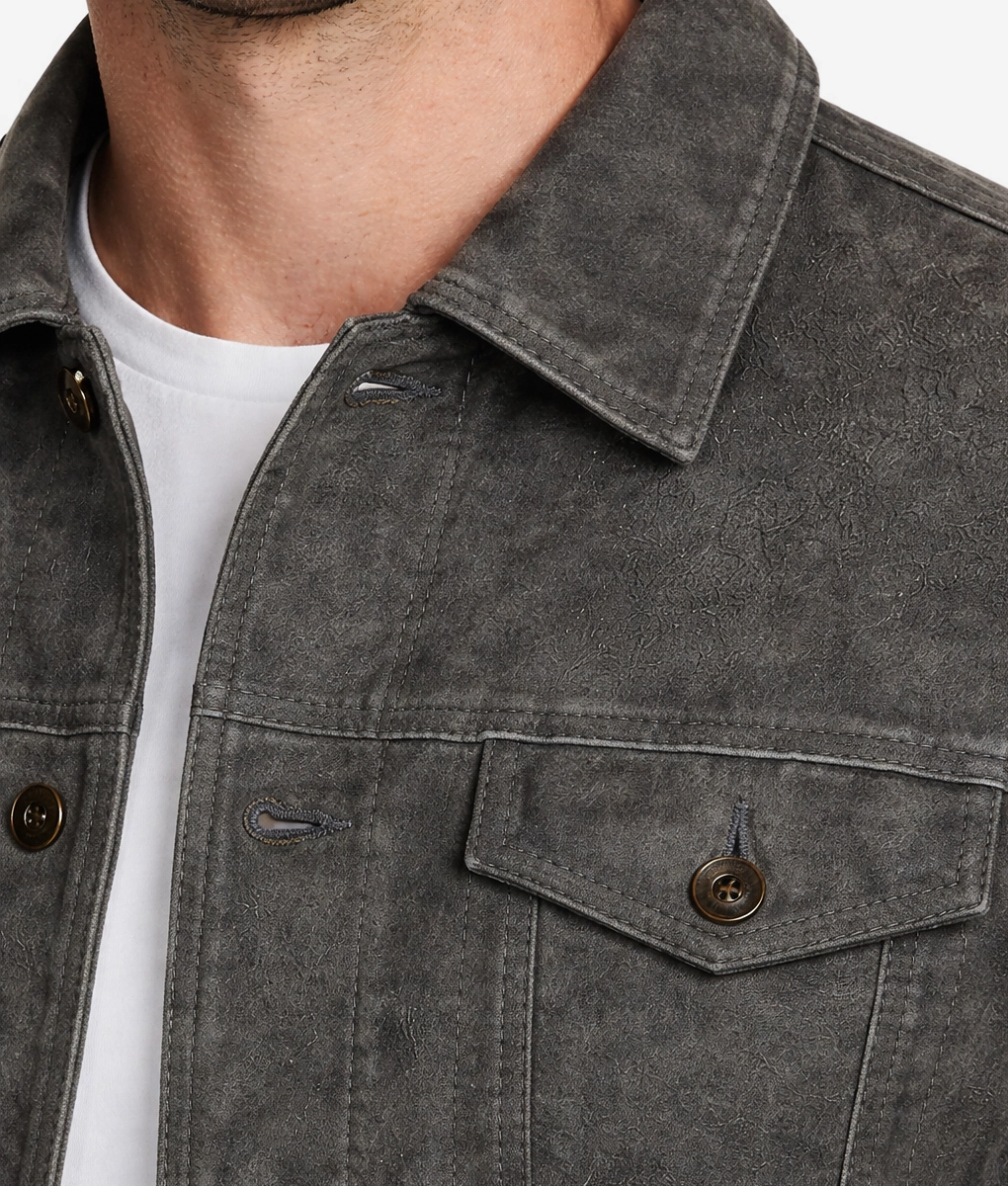 Caleb Men's Grey Trucker Style Moto Suede Jacket - Collar