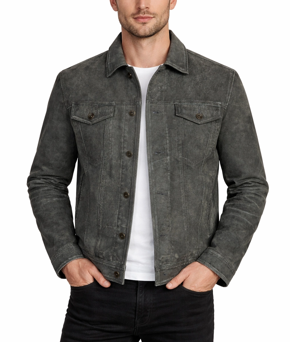 Caleb Men's Grey Trucker Style Moto Suede Jacket - Front