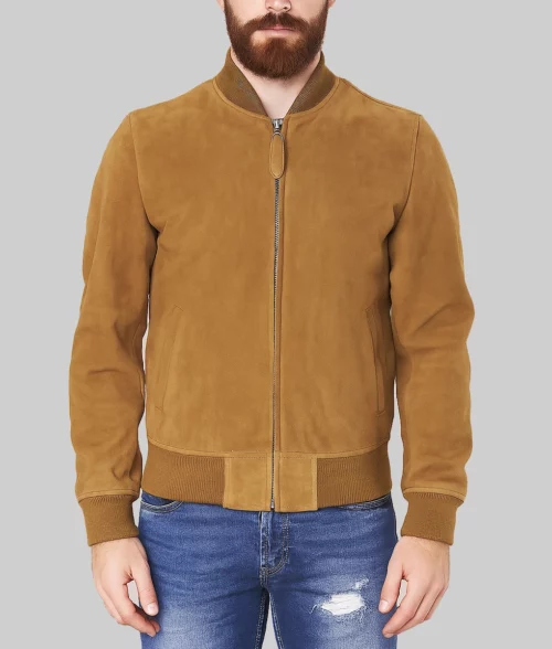 Cillian Men's Brown Racer-Style Suede Bomber Jacket-Front View