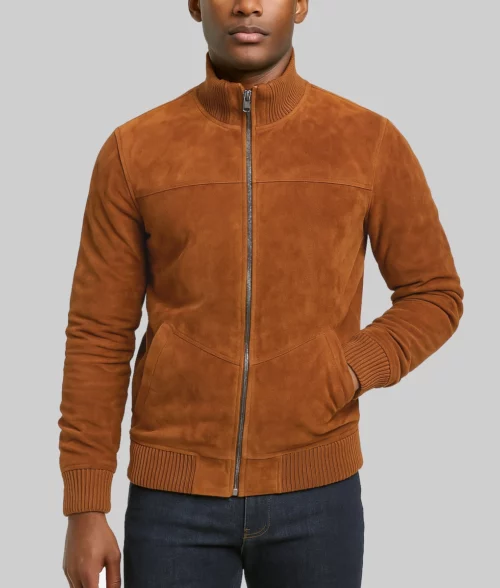 Elijah Men's Brown Slim-Fit Ribbed Suede Bomber Jacket-Front View