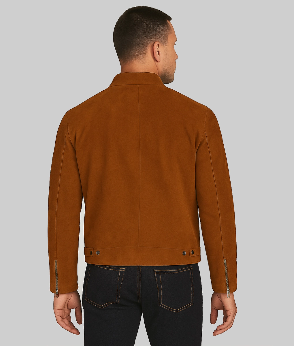 Evander Men's Brown Modern Cafe Racer Suede Jacket-Back View