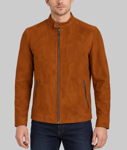 Evander Men's Brown Modern Cafe Racer Suede Jacket - Front View