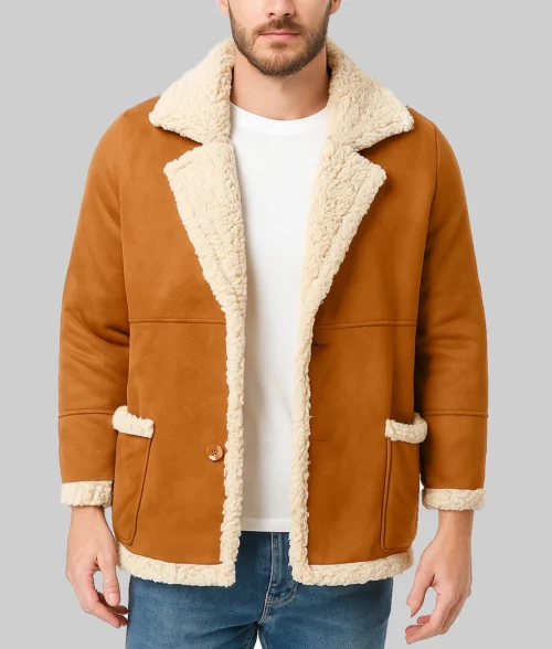 Jiraiya Men's Brown Faux Shearling Lined Aviator-Style Suede Jacket-Front View