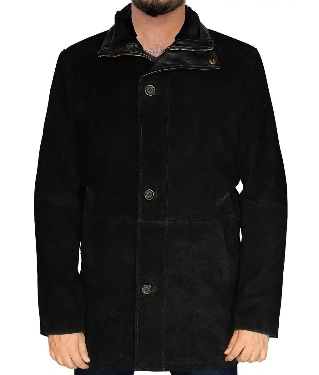 Kingston Men's Black MidLength Trucker Style Suede Coat