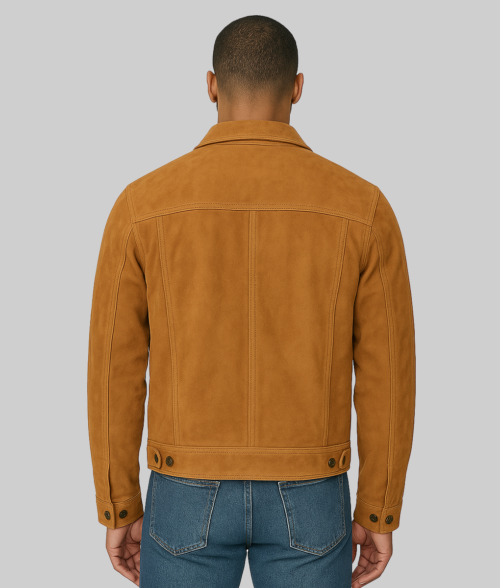 Koen Men's Brown Long Sleeve Suede Trucker Jacket-BackView