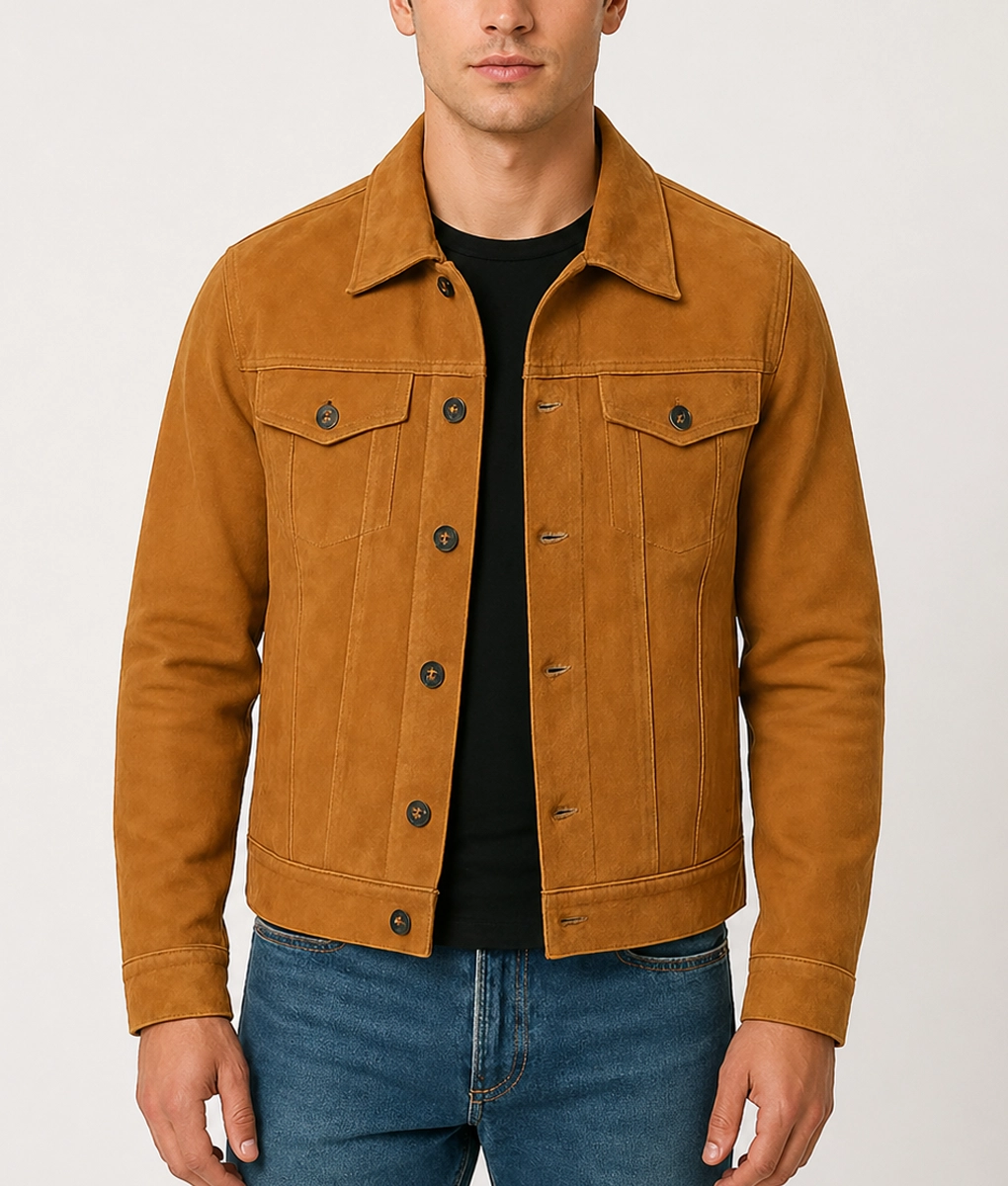 Koen Men's Brown Long Sleeve Suede Trucker Jacket - Front