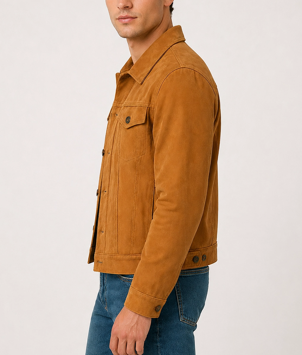 Koen Men's Brown Long Sleeve Suede Trucker Jacket - Side