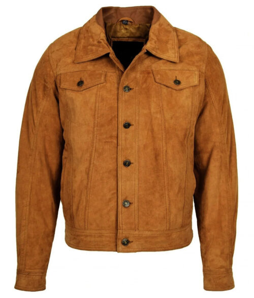 Koen Men's Tan Brown Biker-Style Suede Long Sleeve Trucker Jacket