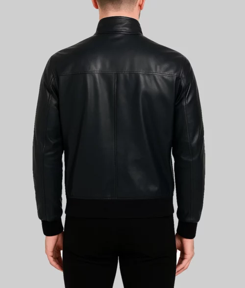 Mens Black Leather Bomber Jacket-Back View