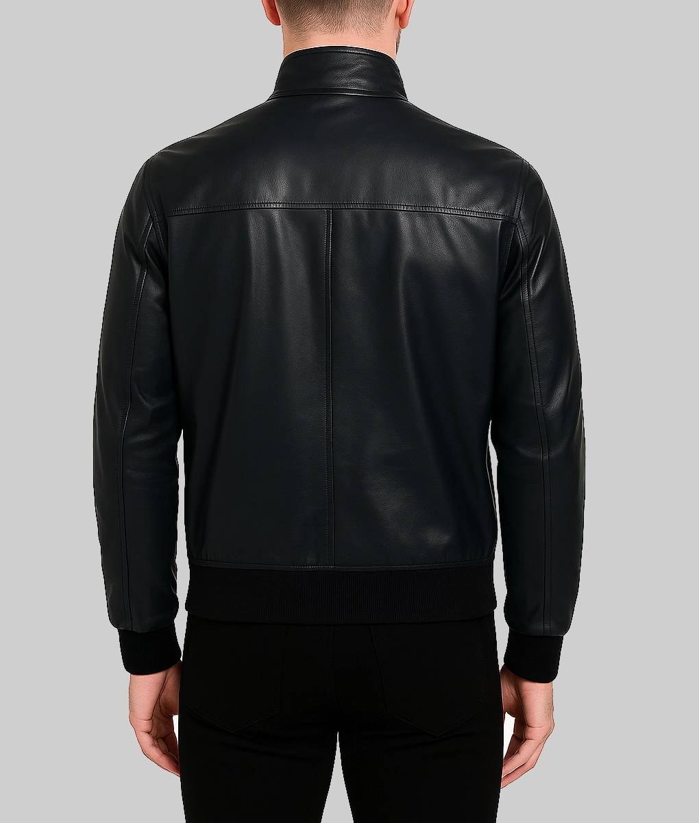 Mens Black Leather Bomber Jacket-Back View
