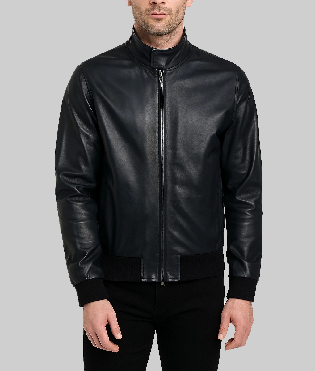 Mens Black Leather Bomber Jacket-Front View