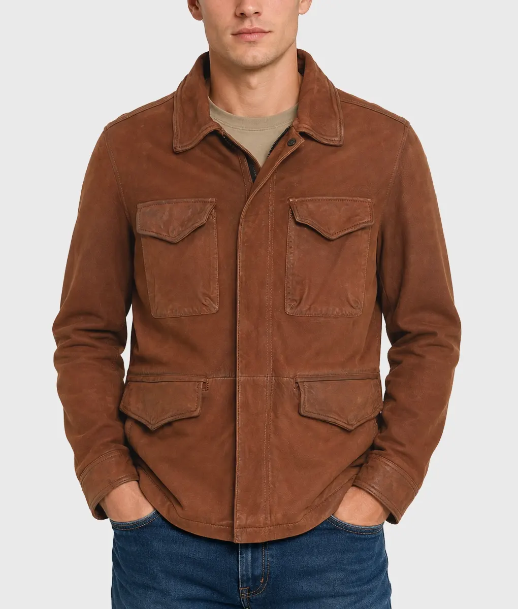 Oliver Men's Brown Modern 4-Pocket Mid-Length Real Suede Coat - Front