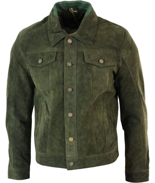 Onyx Men's Olive Real Suede Trucker Utility Jacket