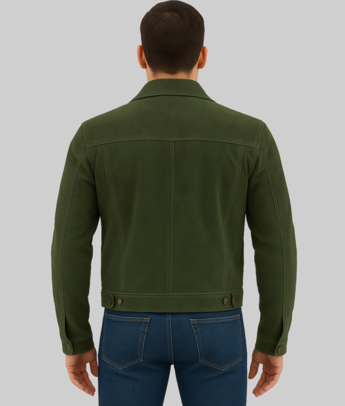 Onyx Men's Olive Real Suede Trucker Utility Jacket-BackView