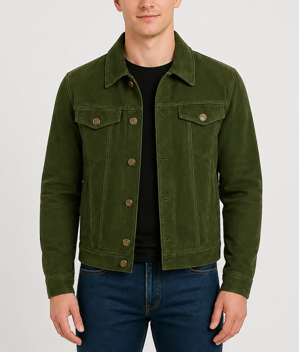 Onyx Men's Olive Real Suede Trucker Utility Jacket