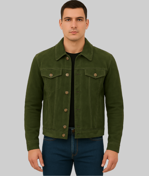 Onyx Men's Olive Real Suede Trucker Utility Jacket-FrontView