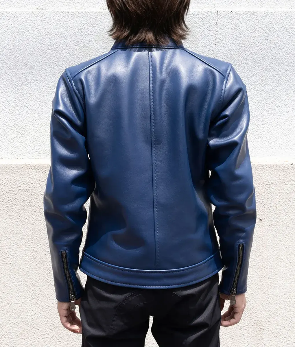Resident Evil Death Island Leon S. Kennedy Blue Cafe Racer Leather Jacket - Back