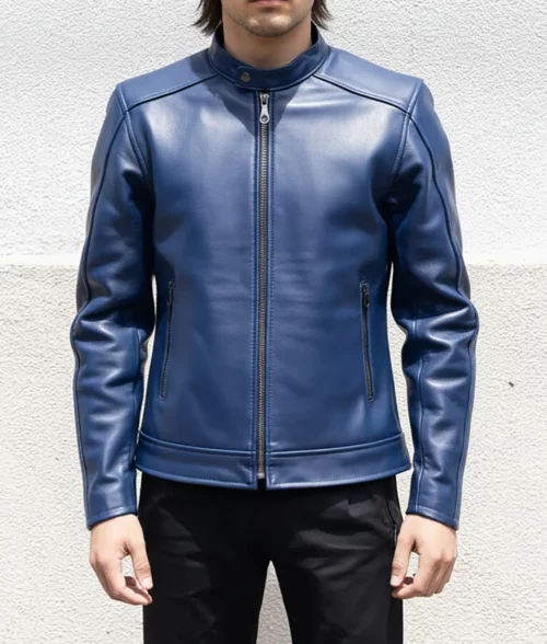 Resident Evil Death Island Leon S. Kennedy Blue Cafe Racer Leather Jacket - Front