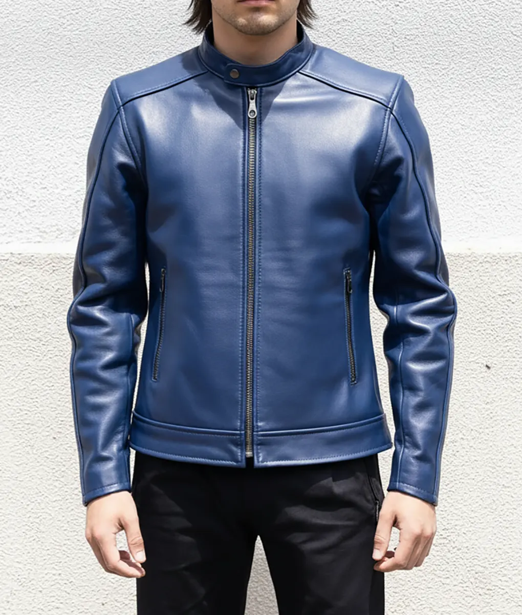 Resident Evil Death Island Leon S. Kennedy Blue Cafe Racer Leather Jacket - Front