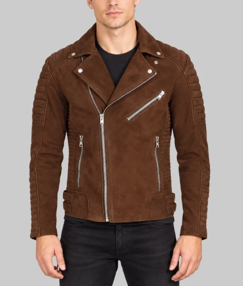 Ryan Men's Brown Padded Design Moto Suede Jacket - Front