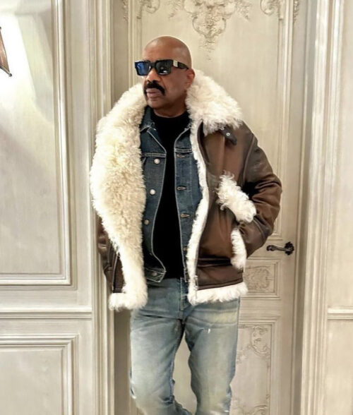Steve Harvey Brown Aviator Shearling Leather Jacket
