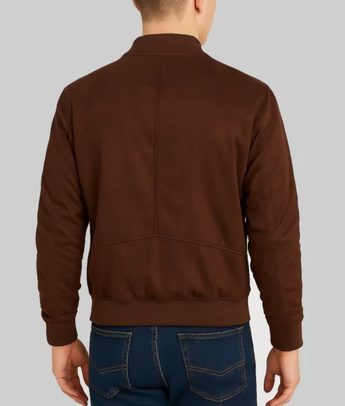 Zion Men's Brown Warm Real Suede Bomber Jacket-BackView