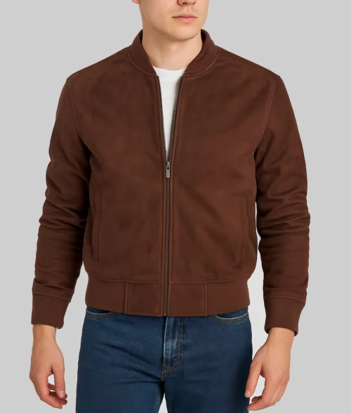 Zion Men's Brown Warm Real Suede Bomber Jacket-FrontView