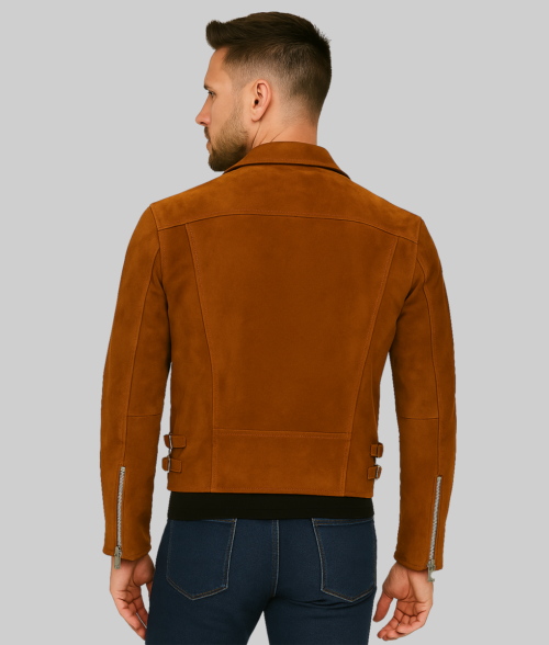 Zyair Men's Slim-Fit Classic Genuine Suede Biker Jacket-Back View