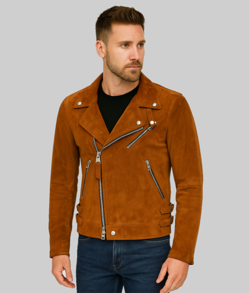 Zyair Men's Slim-Fit Classic Genuine Suede Biker Jacket-Front View