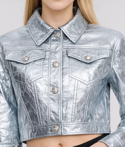 Alessandra Women's Cropped Silver Metallic Leather Jacket | Women's Cropped Silver Metallic Leather Jacket-5