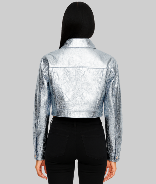Alessandra Women's Cropped Silver Metallic Leather Jacket-Back View