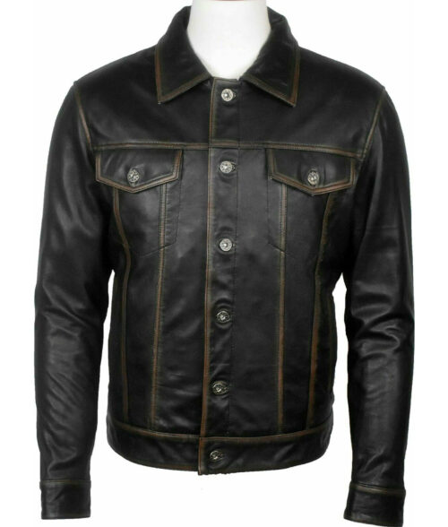 Aaron Men's Black Distressed Vintage Leather Trucker Racer Jacket