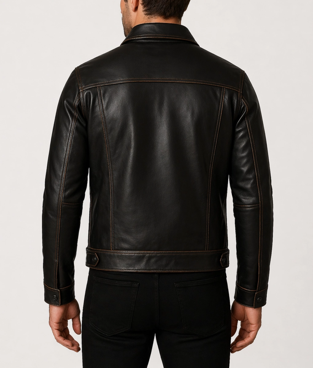 Aaron Men's Black Distressed Vintage Leather Trucker Racer Jacket - Back
