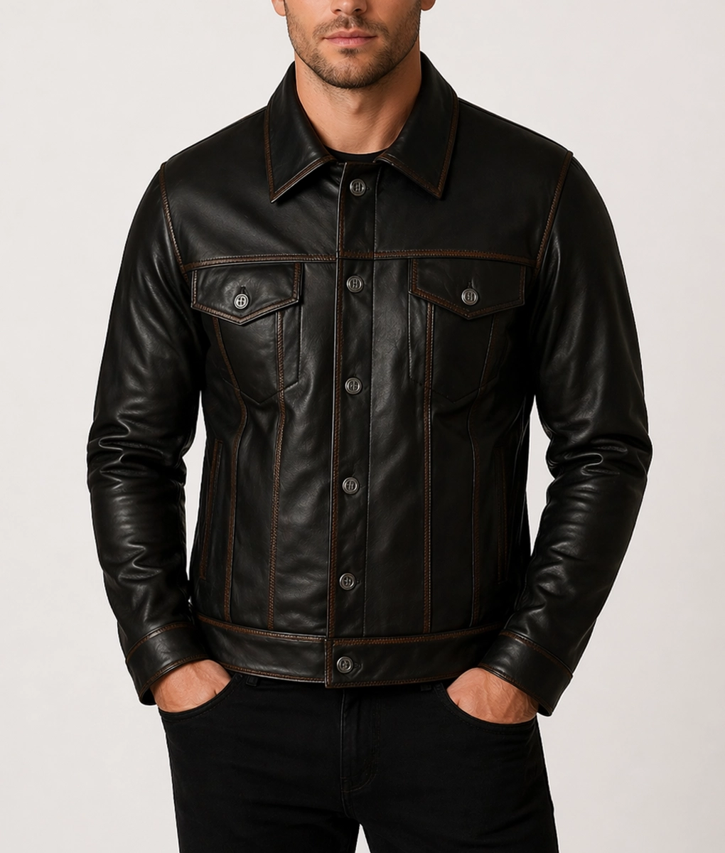 Aaron Men's Black Distressed Vintage Leather Trucker Racer Jacket - Front 1