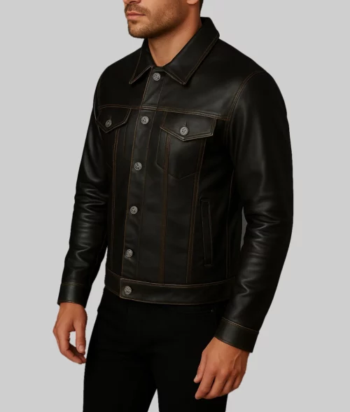 Aaron Men's Black Distressed Vintage Leather Trucker Racer Jacket-Side View