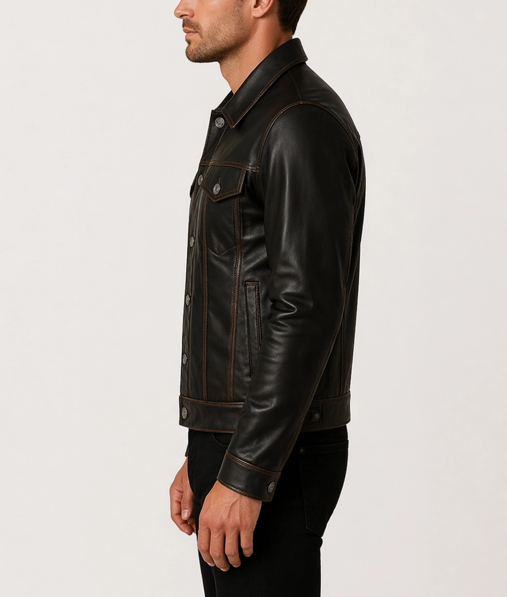 Aaron Men's Black Distressed Vintage Leather Trucker Racer Jacket - Side