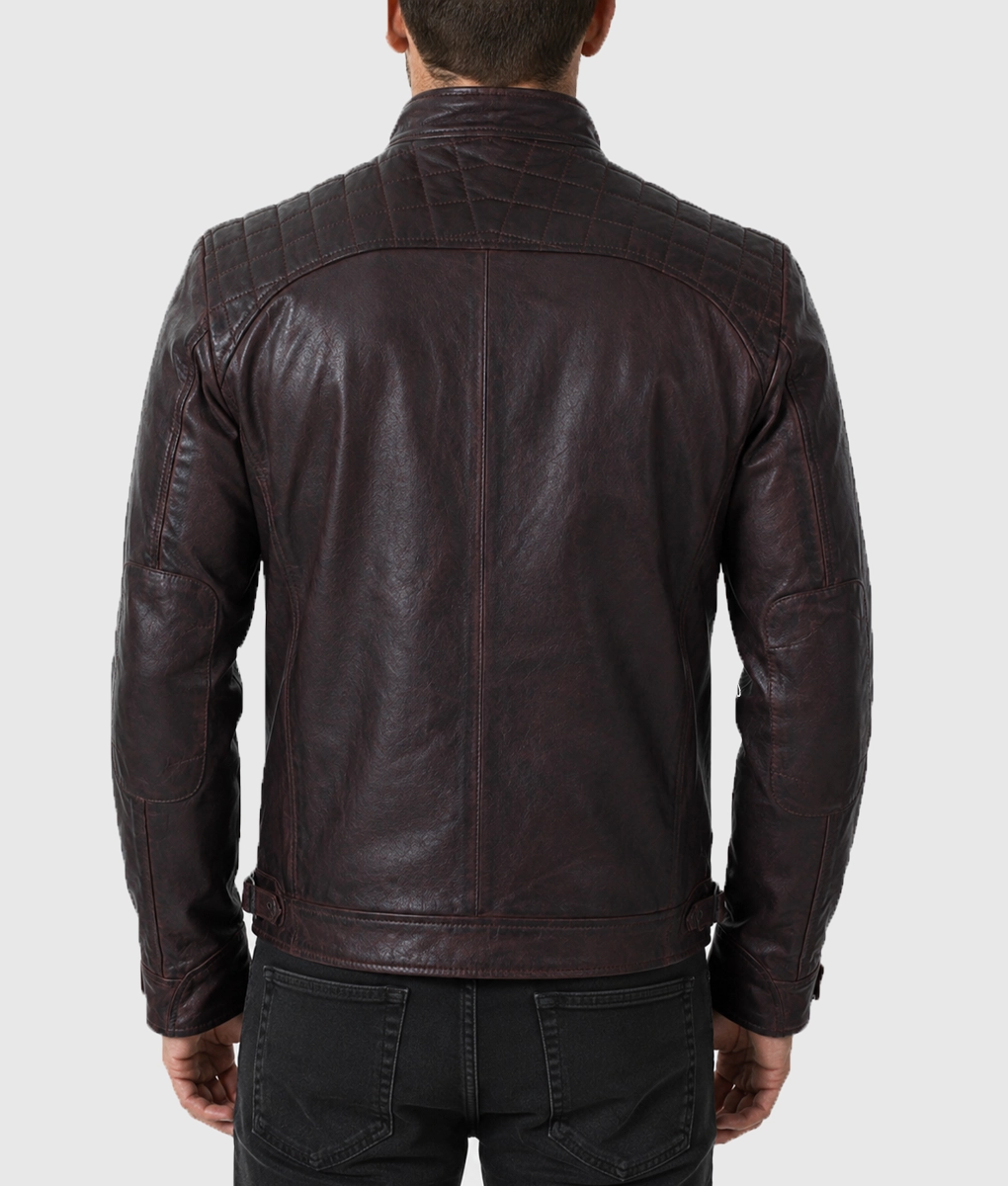 Axel Men's Burgundy Quilted Stylish Leather Cafe Racer Jacket - Back