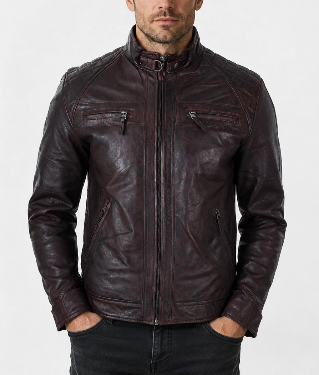 Axel Men's Burgundy Quilted Stylish Leather Cafe Racer Jacket - Front