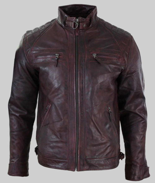 Axel Men's Burgundy Quilted Stylish Leather Cafe Racer Jacket-FrontView