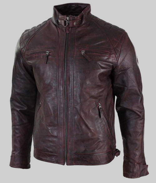 Axel Men's Burgundy Quilted Stylish Leather Cafe Racer Jacket-SideView