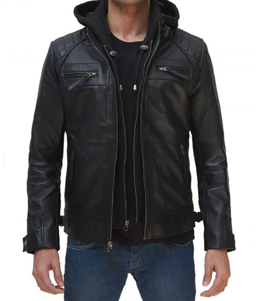 Benedict Men's Hooded Leather Racer Jacket