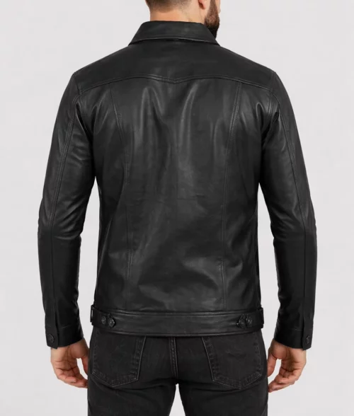 Blake Men's Black Retro Leather Trucker Jacket - Back