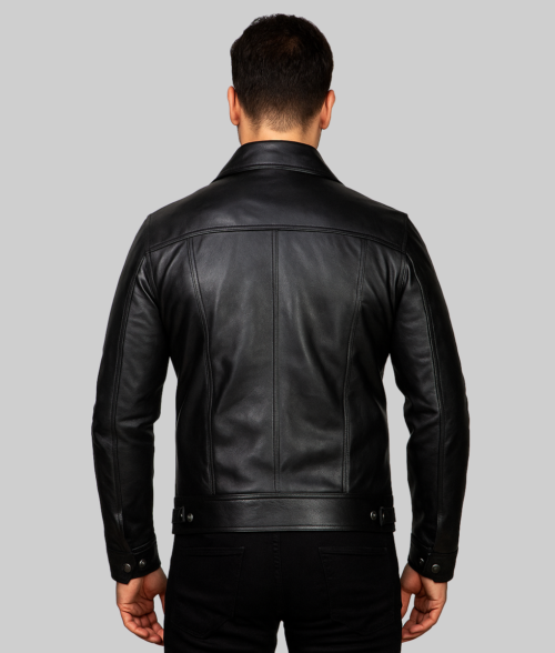 Blake Men's Black Retro Leather Trucker Jacket-Back View
