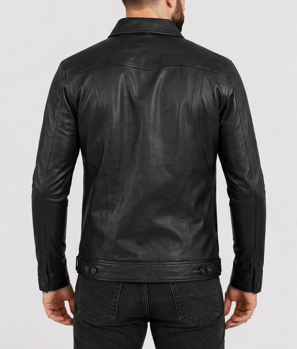 Blake Men's Black Retro Leather Trucker Jacket - Back